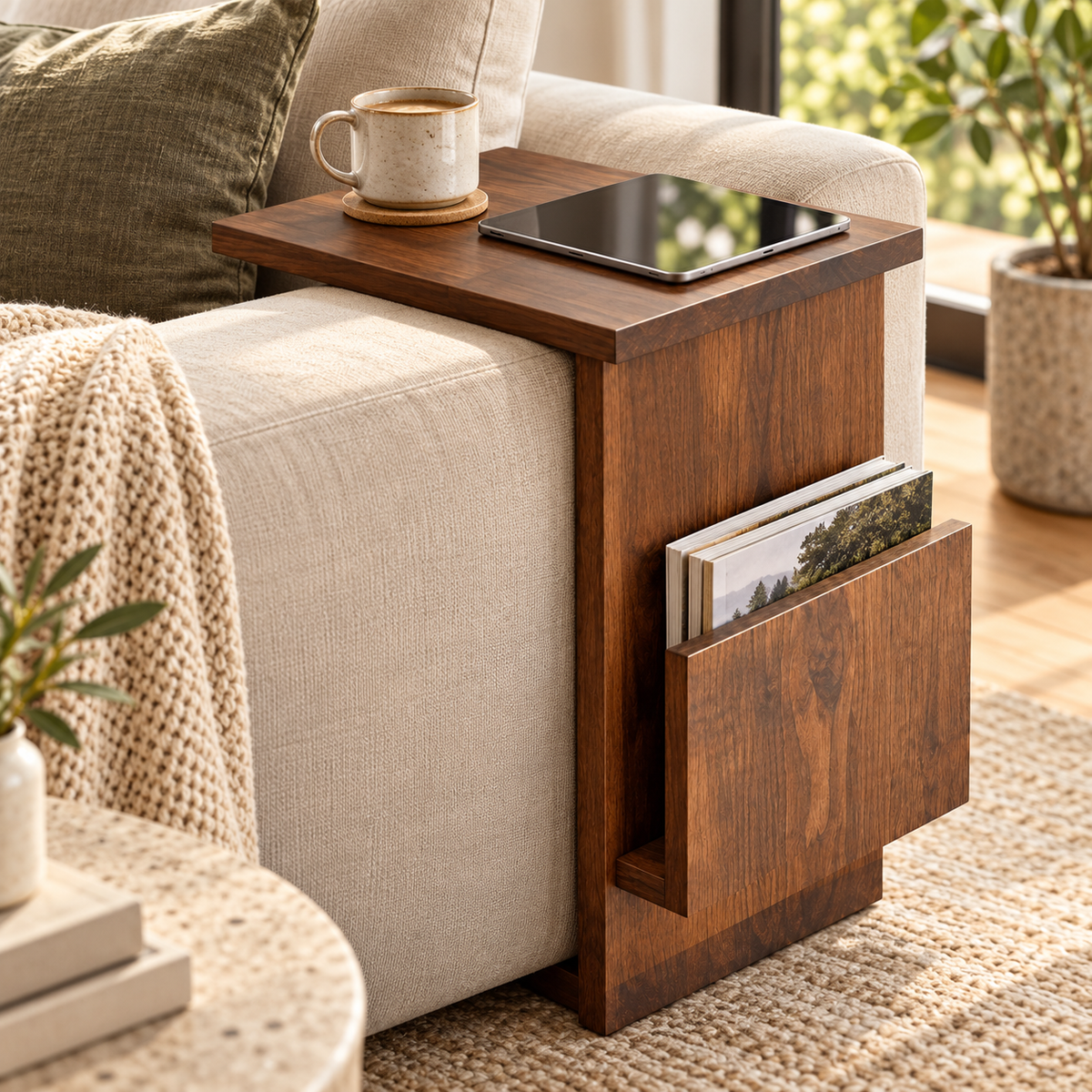 Walnut C-Shaped Sofa Side Table with Magazine Holder - alternate lifestyle view