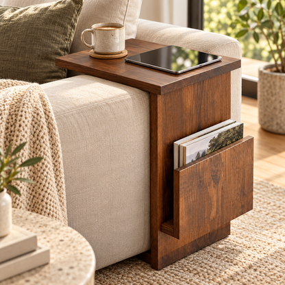 Walnut C-Shaped Sofa Side Table with Magazine Holder - alternate lifestyle view