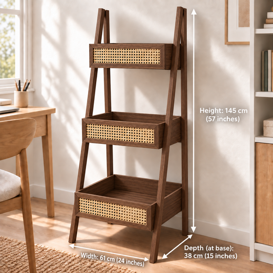 Walnut Cane Ladder Bookshelf dimensions: 61 cm W × 38 cm D × 145 cm H (24″ × 15″ × 57″)