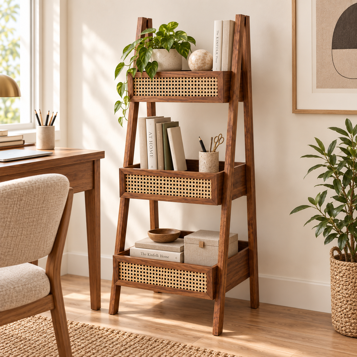 Walnut Cane Ladder Bookshelf styled with books and decorative accessories