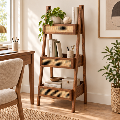 Walnut Cane Ladder Bookshelf styled with books and decorative accessories