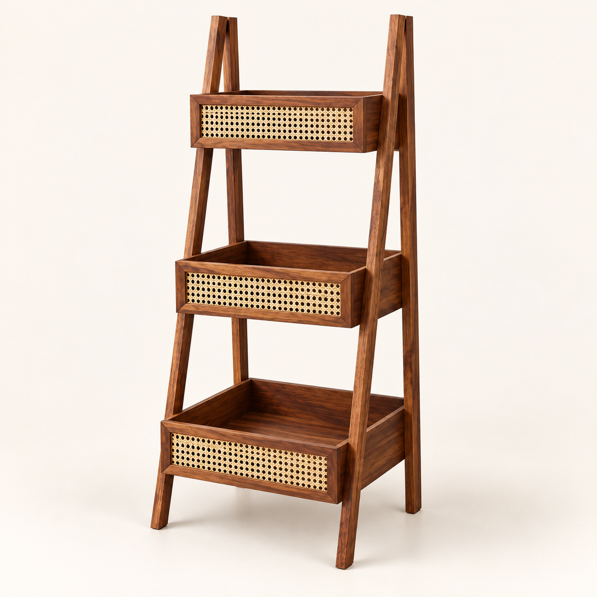 Walnut Cane Ladder Bookshelf clean studio view in solid Sheesham wood
