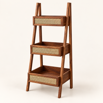 Walnut Cane Ladder Bookshelf clean studio view in solid Sheesham wood