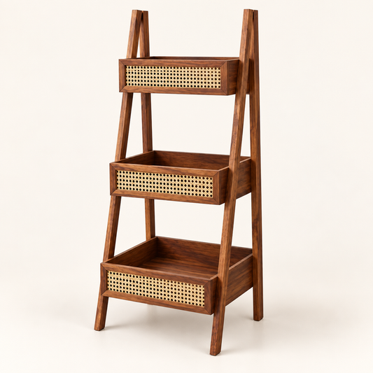 Walnut Cane Ladder Bookshelf clean studio view in solid Sheesham wood