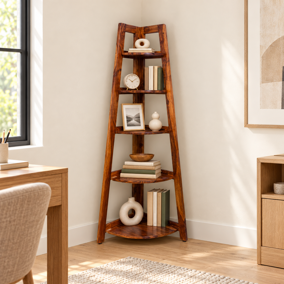 Walnut Corner Ladder Bookshelf styled with books and decorative accessories