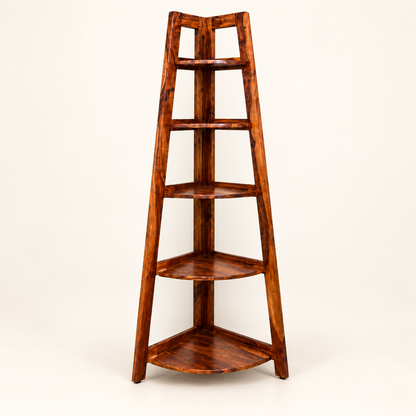 Walnut Corner Ladder Bookshelf clean studio view in solid Sheesham wood