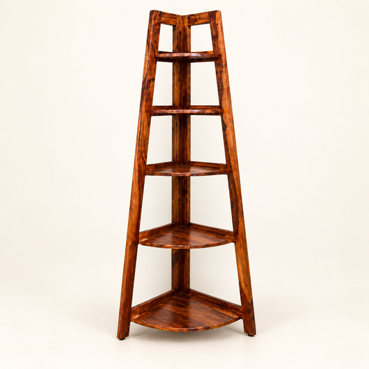 Walnut Corner Ladder Bookshelf clean studio view in solid Sheesham wood