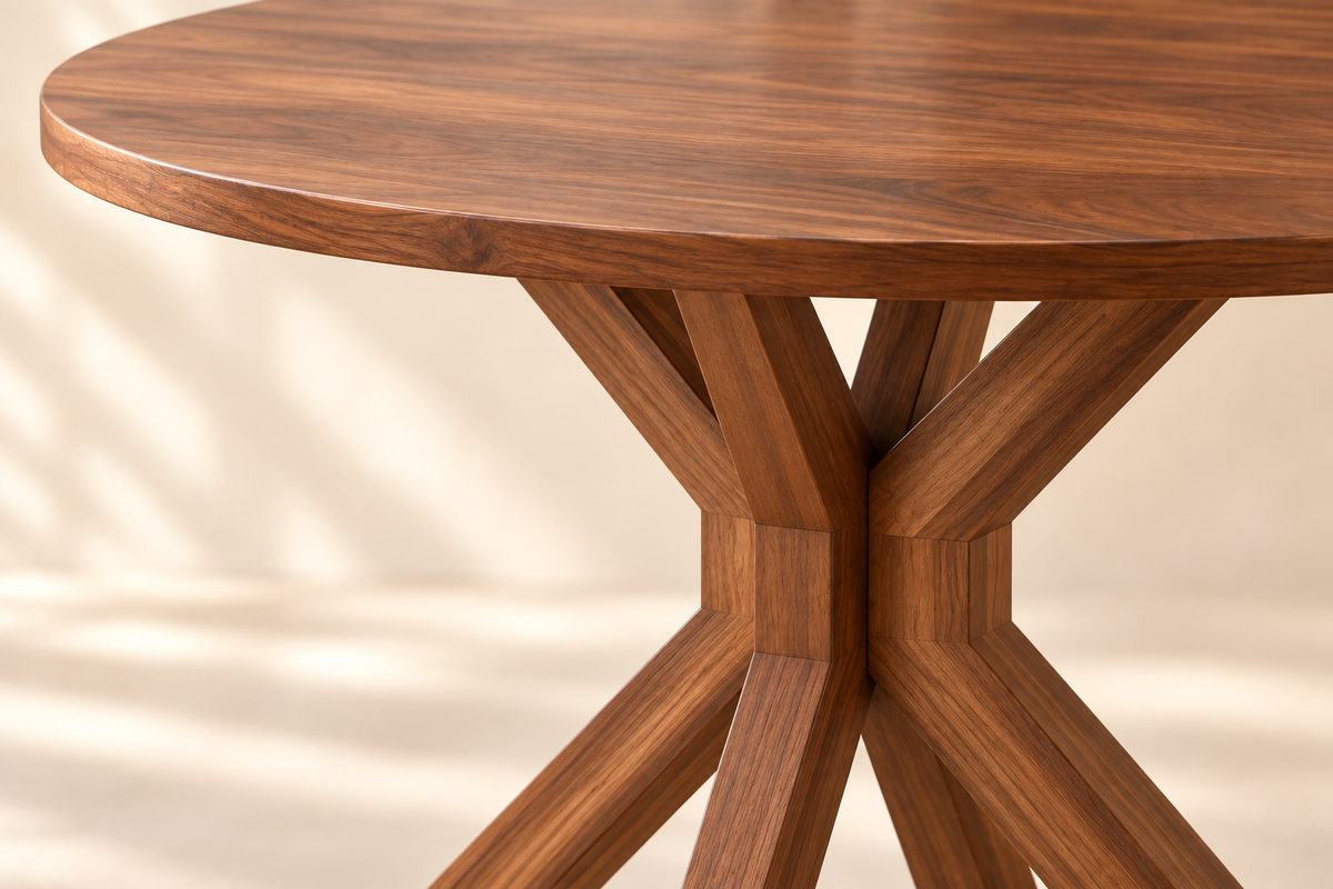 Close-up of walnut-finish teak wood dining tabletop and base