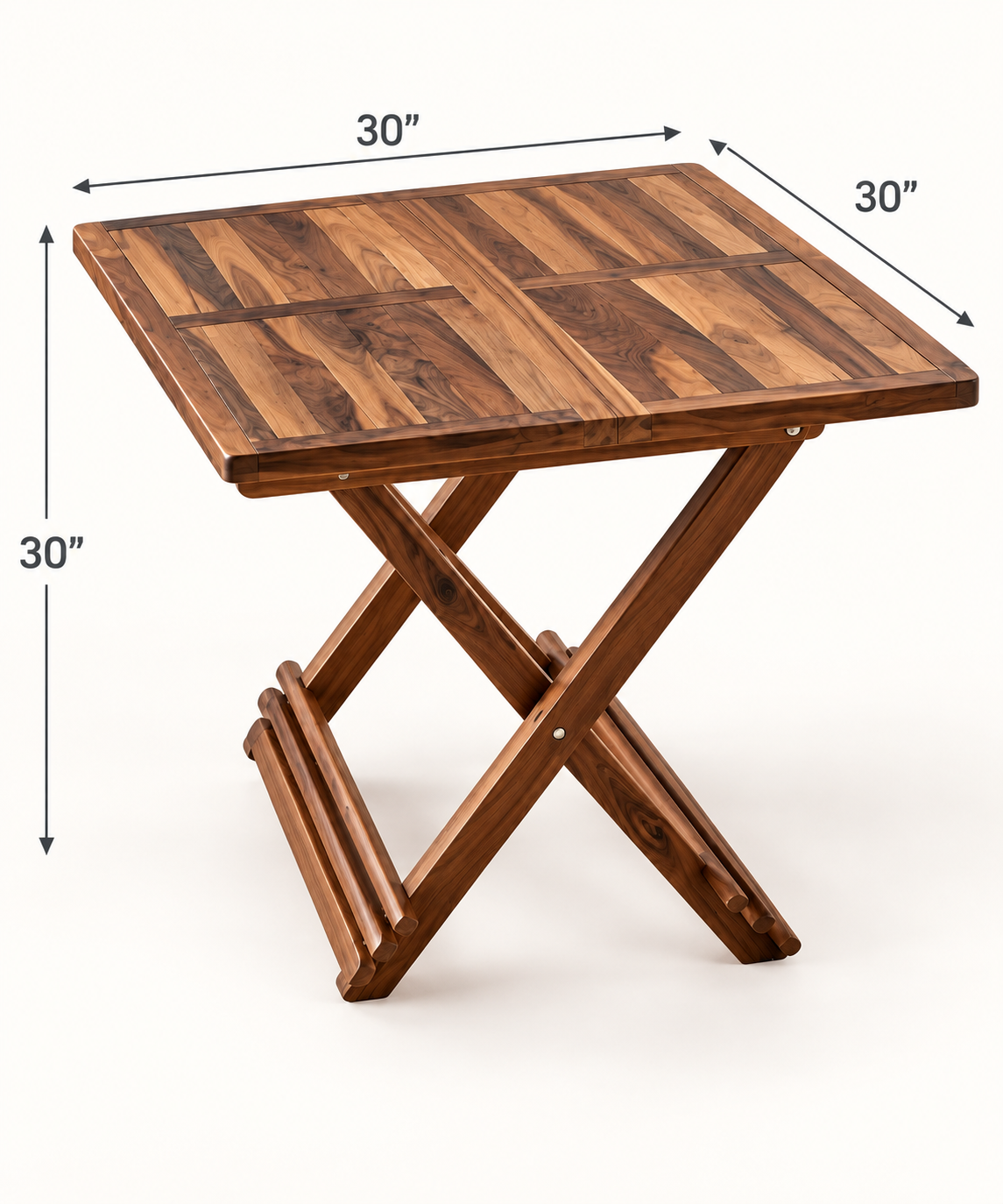 Walnut Foldable Teak Wood X-Frame Side Table with Slatted Top — dimension diagram; 30 in L × 30 in W × 30 in H