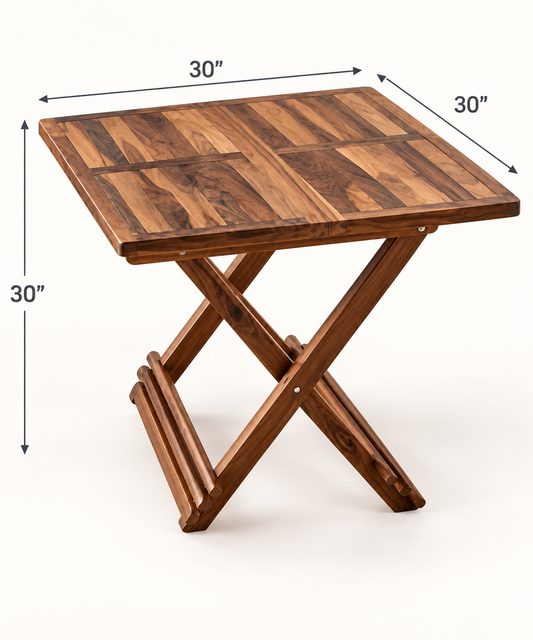 Walnut Foldable Teak Wood X-Frame Side Table with Slatted Top — dimension diagram; 30 in L × 30 in W × 30 in H