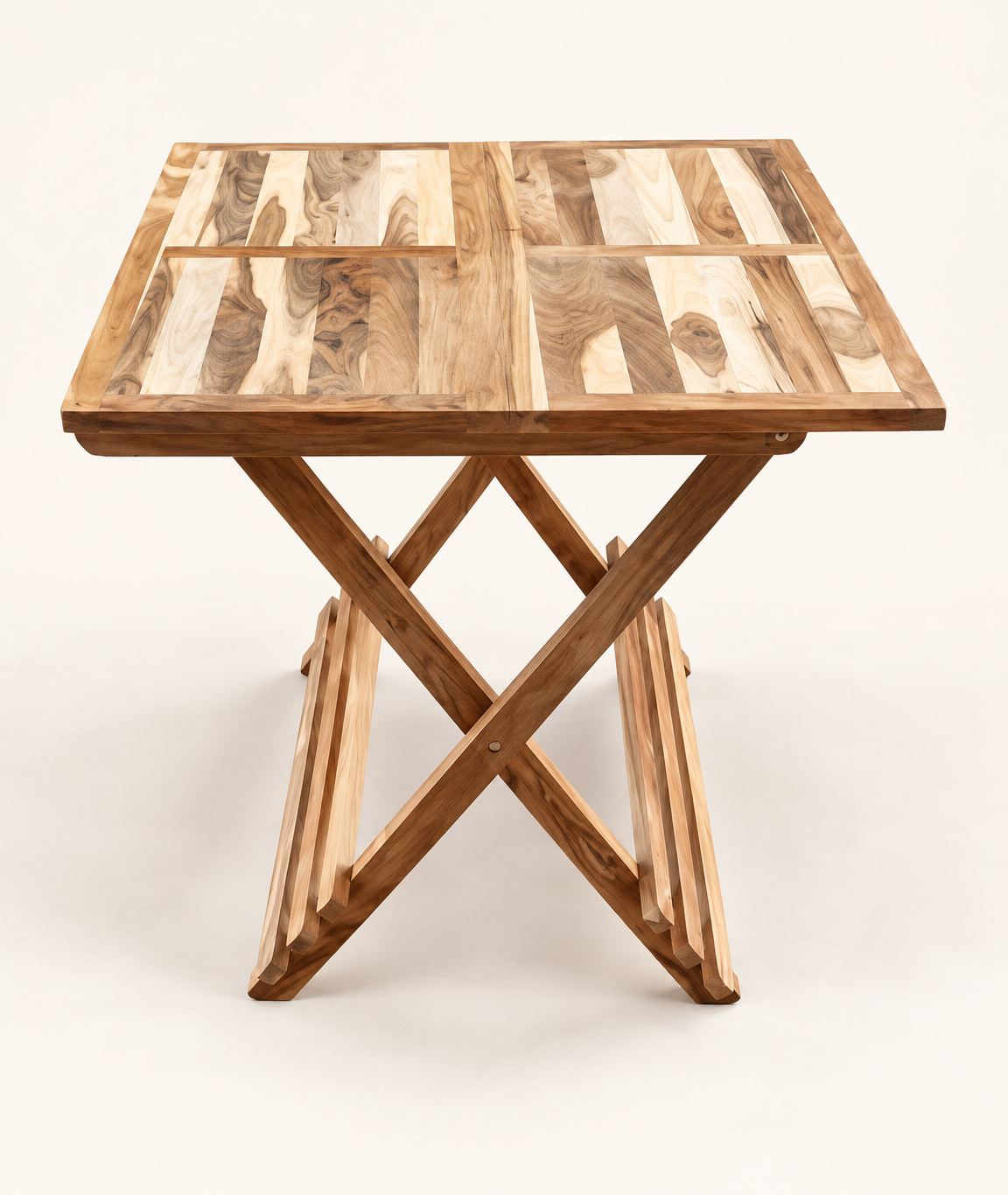Walnut Foldable Teak Wood X-Frame Side Table with Slatted Top — front studio view