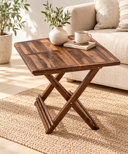 Walnut Foldable Teak Wood X-Frame Side Table with Slatted Top — styled room