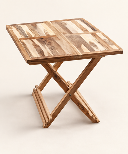 Walnut Foldable Teak Wood X-Frame Side Table with Slatted Top — side studio view