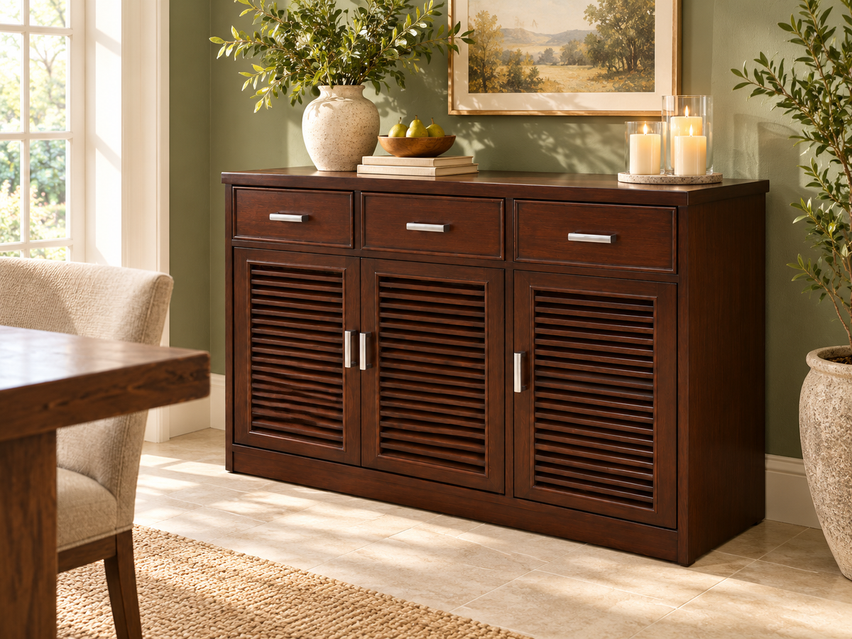 Walnut Louvered Three-Door Sideboard — styled room