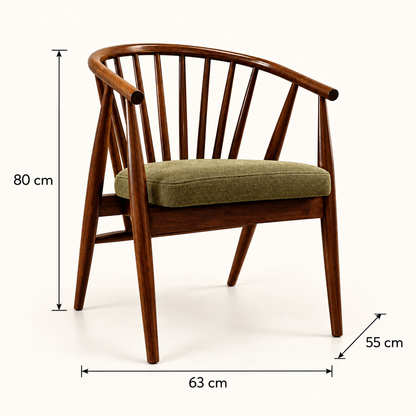 Walnut Spindle-Back Chair with Olive Seat dimension image showing 63 cm W × 55 cm D × 80 cm H.