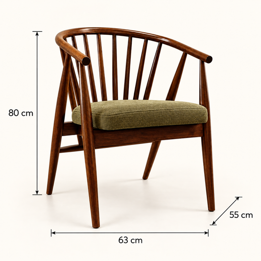 Walnut Spindle-Back Chair with Olive Seat dimension image showing 63 cm W × 55 cm D × 80 cm H.