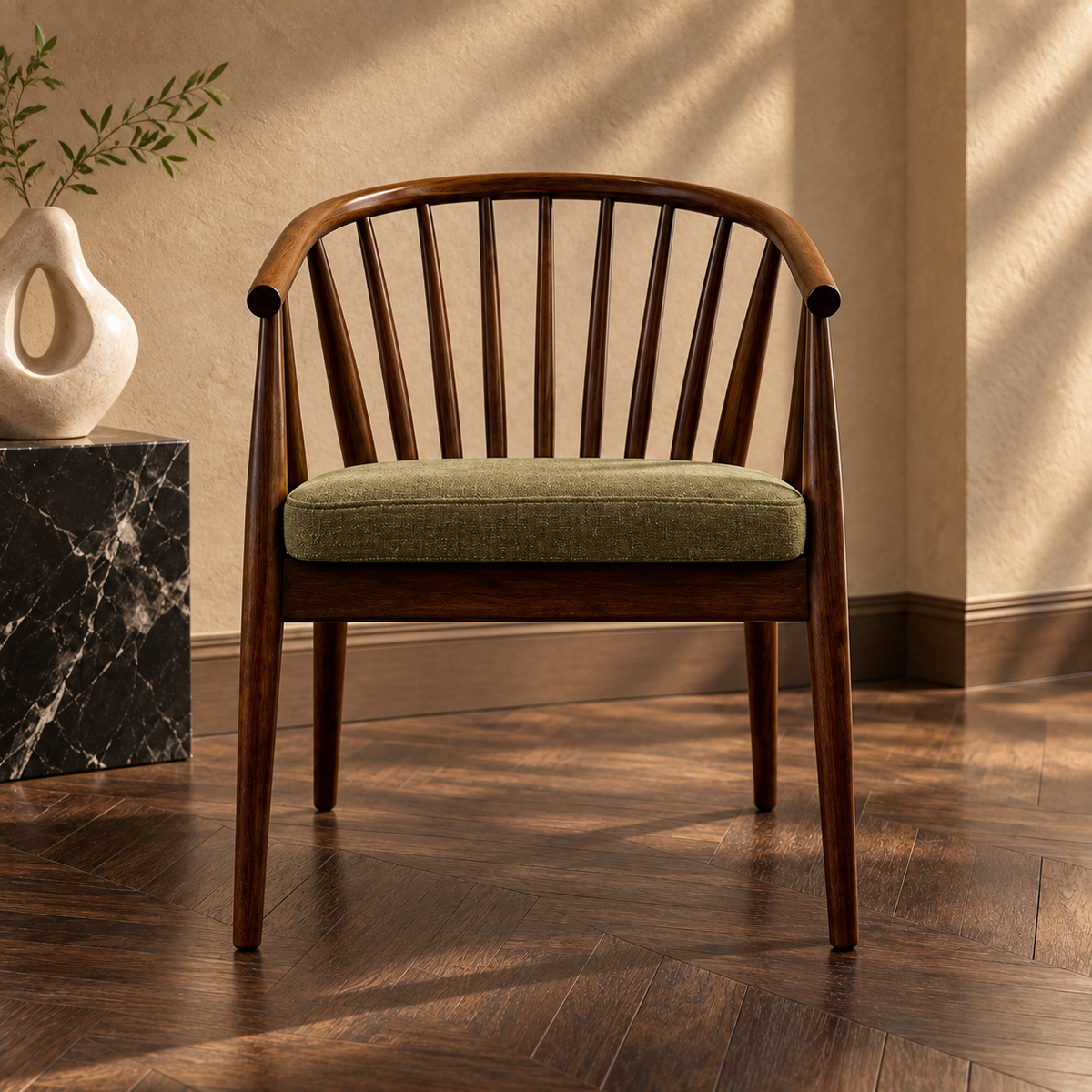Walnut Spindle-Back Chair with Olive Seat, front view in a styled lifestyle setting.