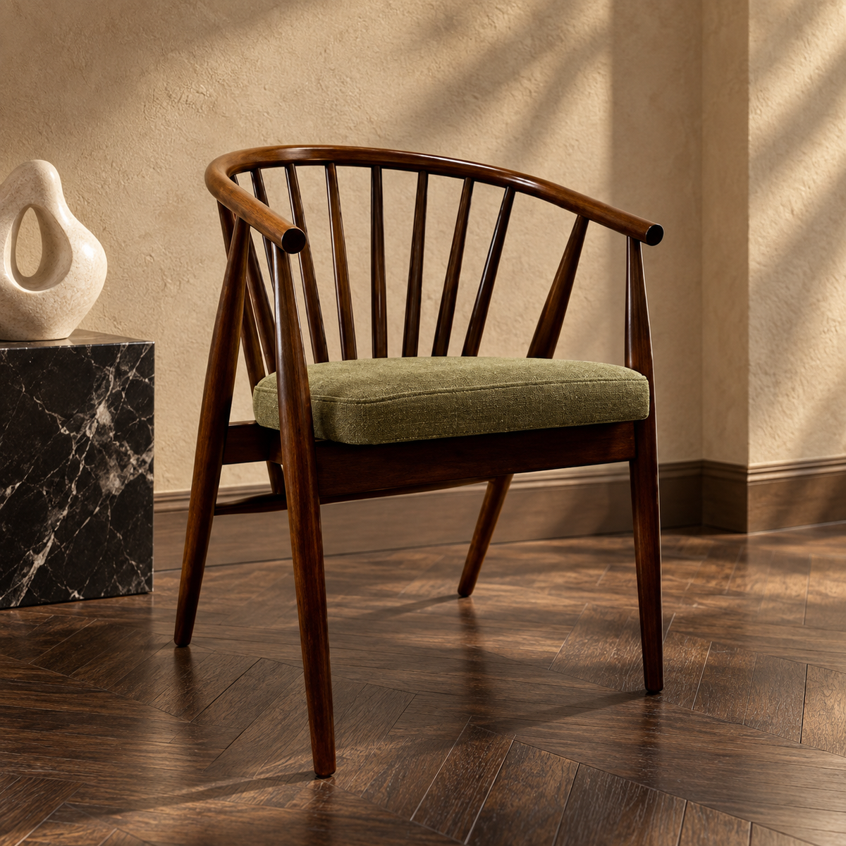 Walnut Spindle-Back Chair with Olive Seat, side view in a styled lifestyle setting.