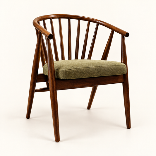 Walnut Spindle-Back Chair with Olive Seat on a clean studio background, showing the complete design.