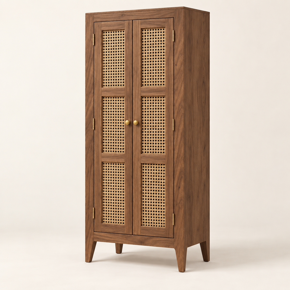 Walnut-finish teak wood cane bookshelf with doors