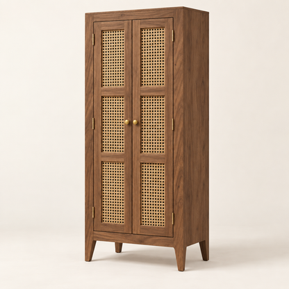 Walnut-finish teak wood cane bookshelf with doors