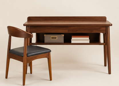 Angled studio view of walnut finish wooden study table with chair