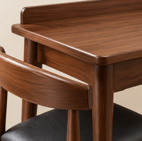 Detail view of walnut finish veneer tabletop rounded edges and matching cushioned chair