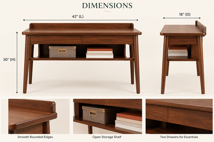 Study table dimension diagram showing 42 inches length 18 inches depth and 30 inches height; chair not dimensioned