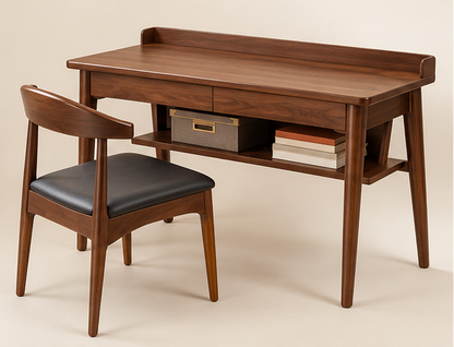 Front studio view of teak wood study table with matching chair and open storage shelf