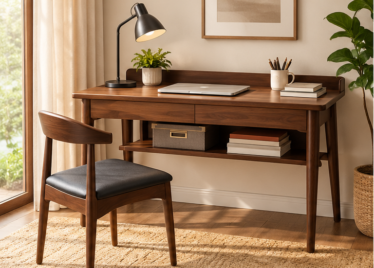 Walnut-finish teak wood study table and matching black cushioned chair in a modern home office