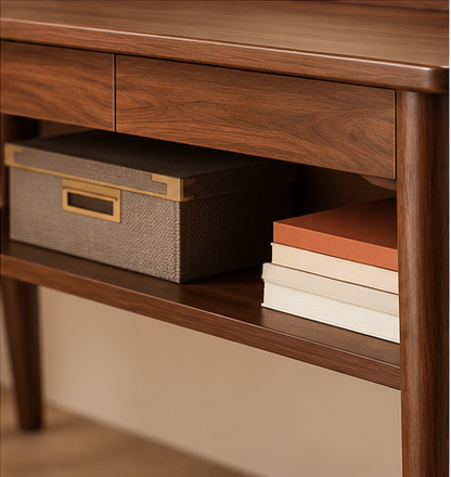 Close-up of open storage shelf below teak wood study table holding books and stationery