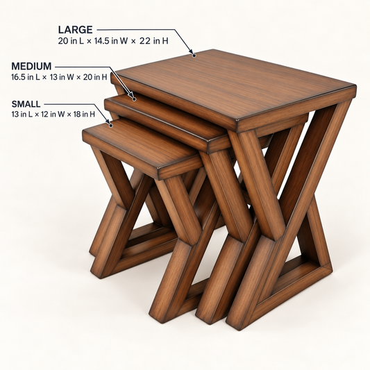 Walnut X-Frame Nesting Tables – Set of 3 dimensions and measurements