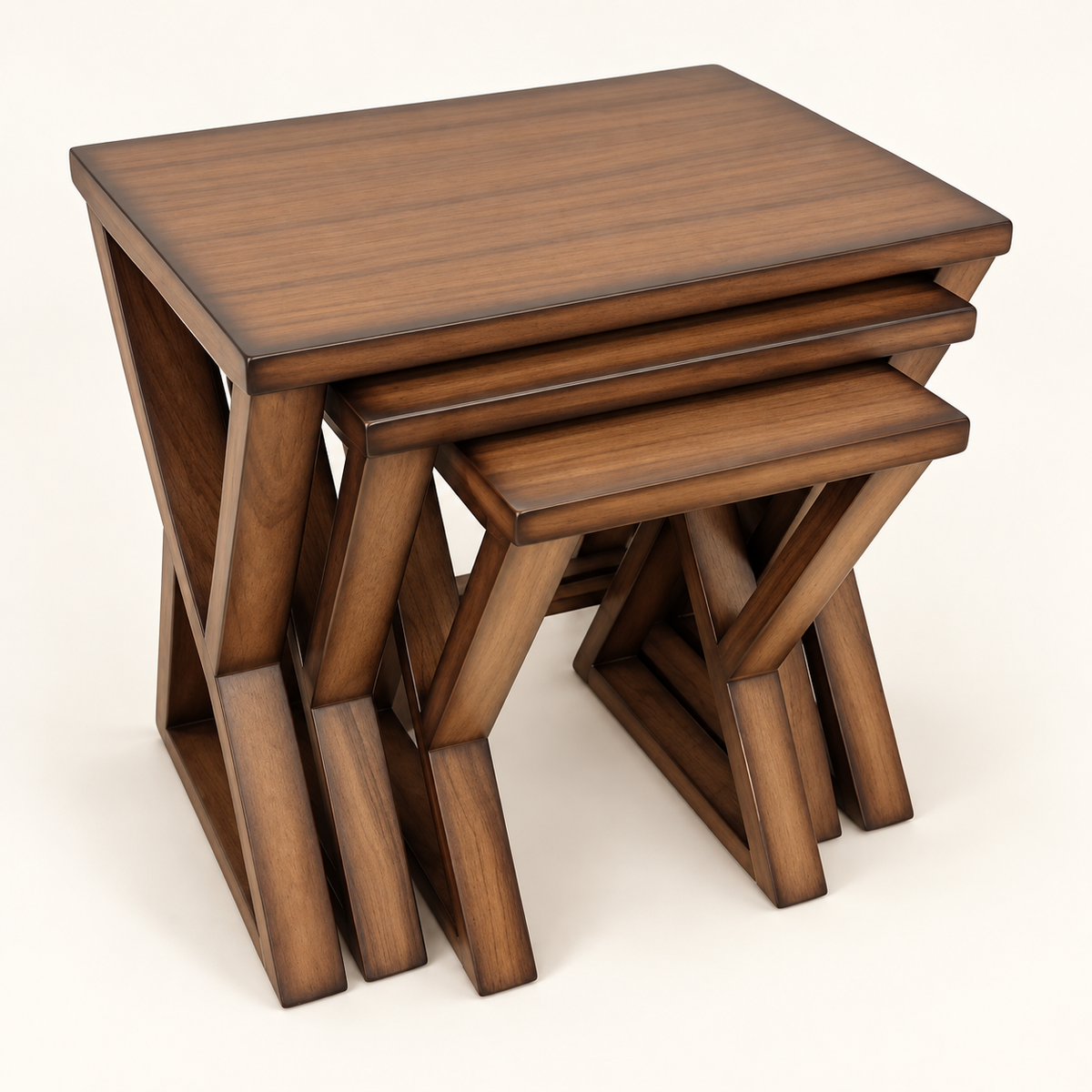 Walnut X-Frame Nesting Tables – Set of 3 front studio view