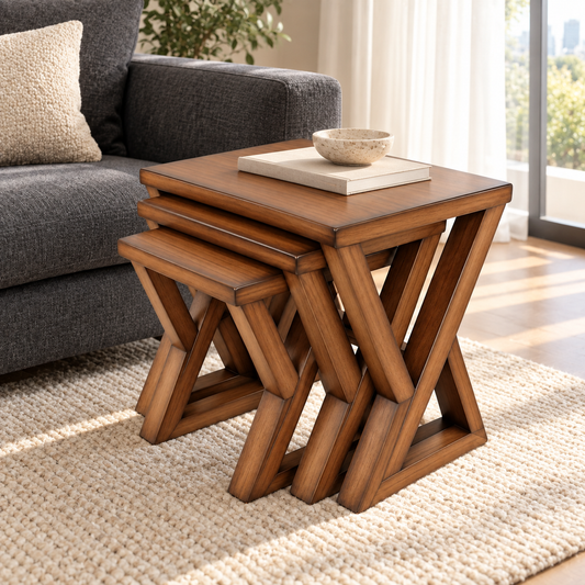 Walnut X-Frame Nesting Tables – Set of 3 styled in a home interior