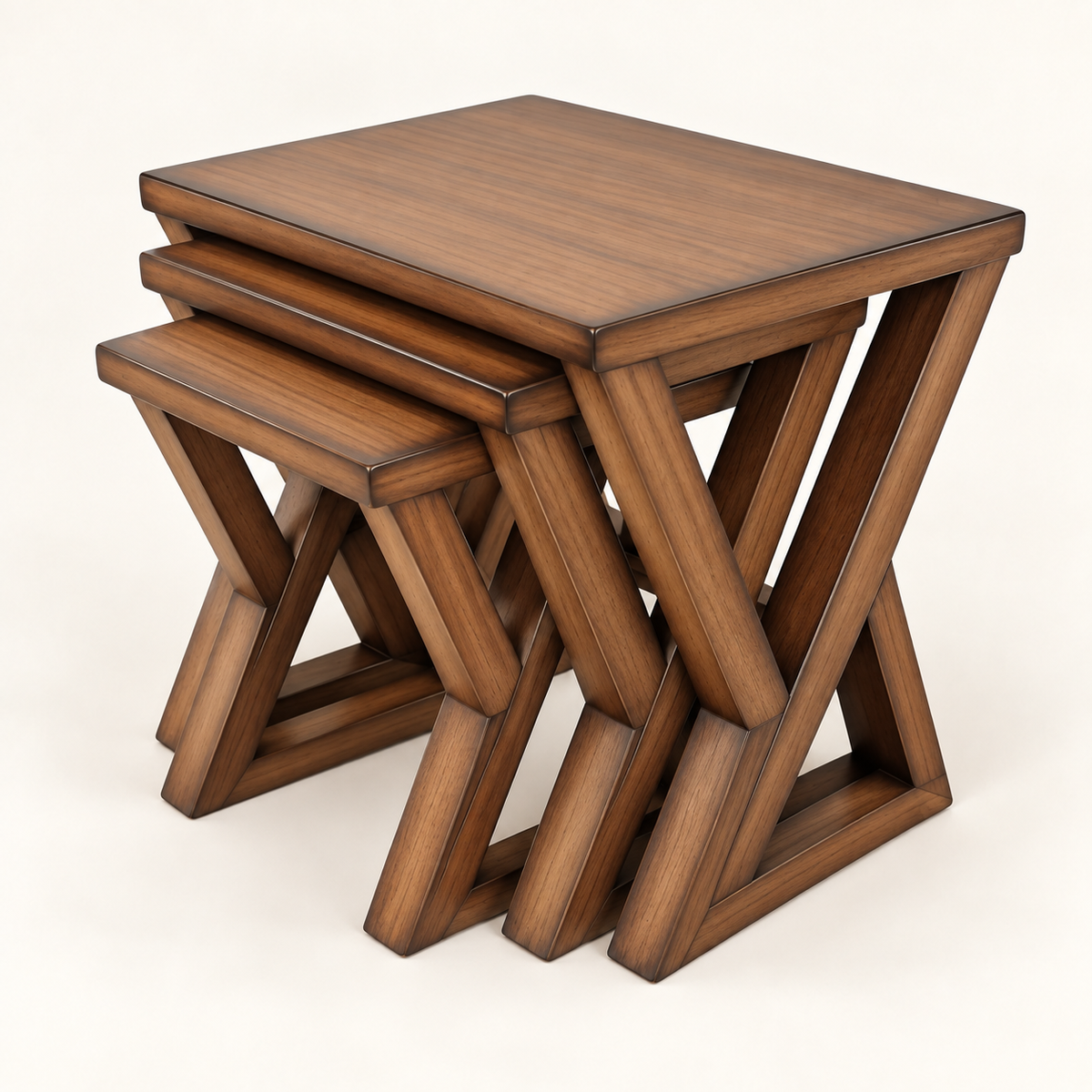 Walnut X-Frame Nesting Tables – Set of 3 side studio view