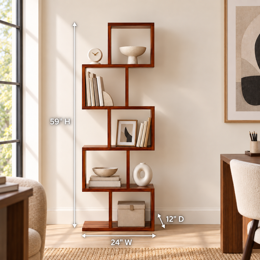 Walnut Zigzag Bookshelf dimensions: 24″ W × 12″ D × 59″ H (approx. 61 × 30.5 × 150 cm)