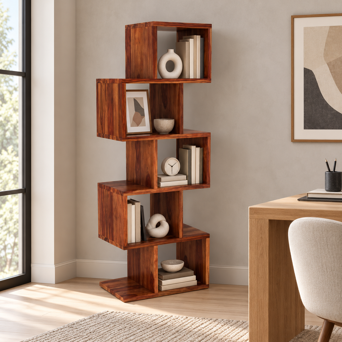 Walnut Zigzag Bookshelf styled with books and decorative accessories