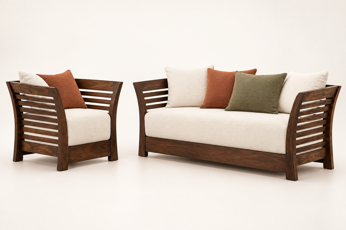 Warm Ivory Curved Slatted-Arm Teak Sofa Set (3+1+1) angled view view