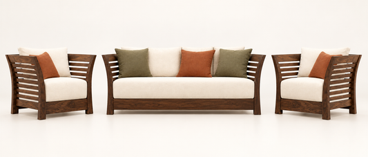 Warm Ivory Curved Slatted-Arm Teak Sofa Set (3+1+1) complete set front view