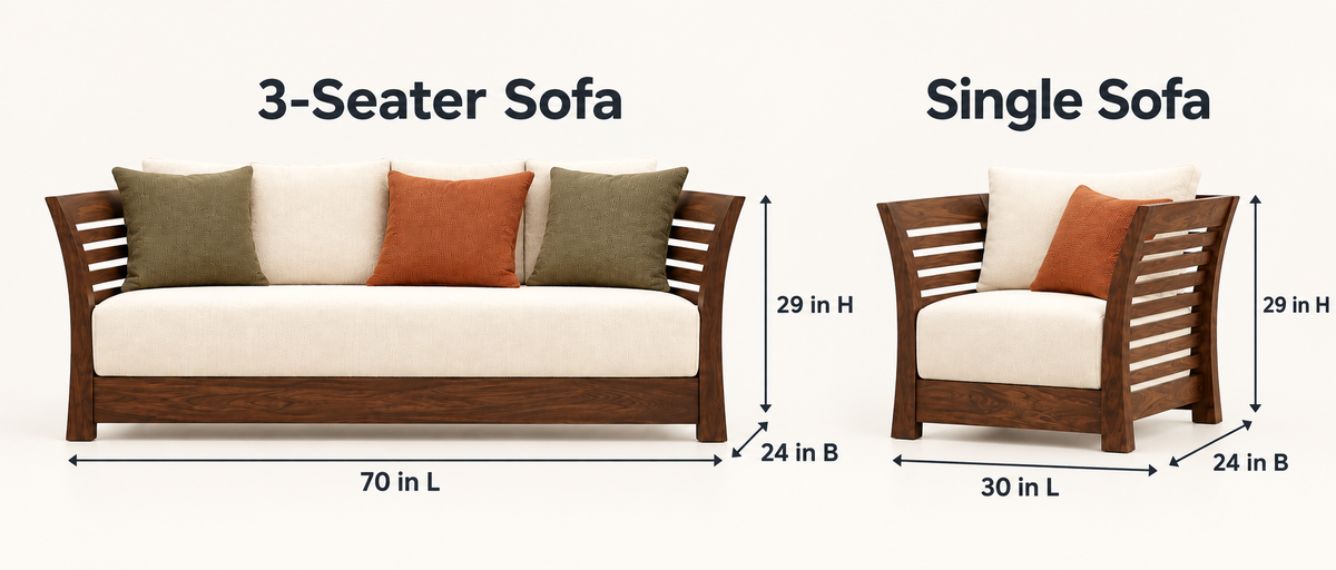 Warm Ivory Curved Slatted-Arm Teak Sofa Set (3+1+1) dimensions view