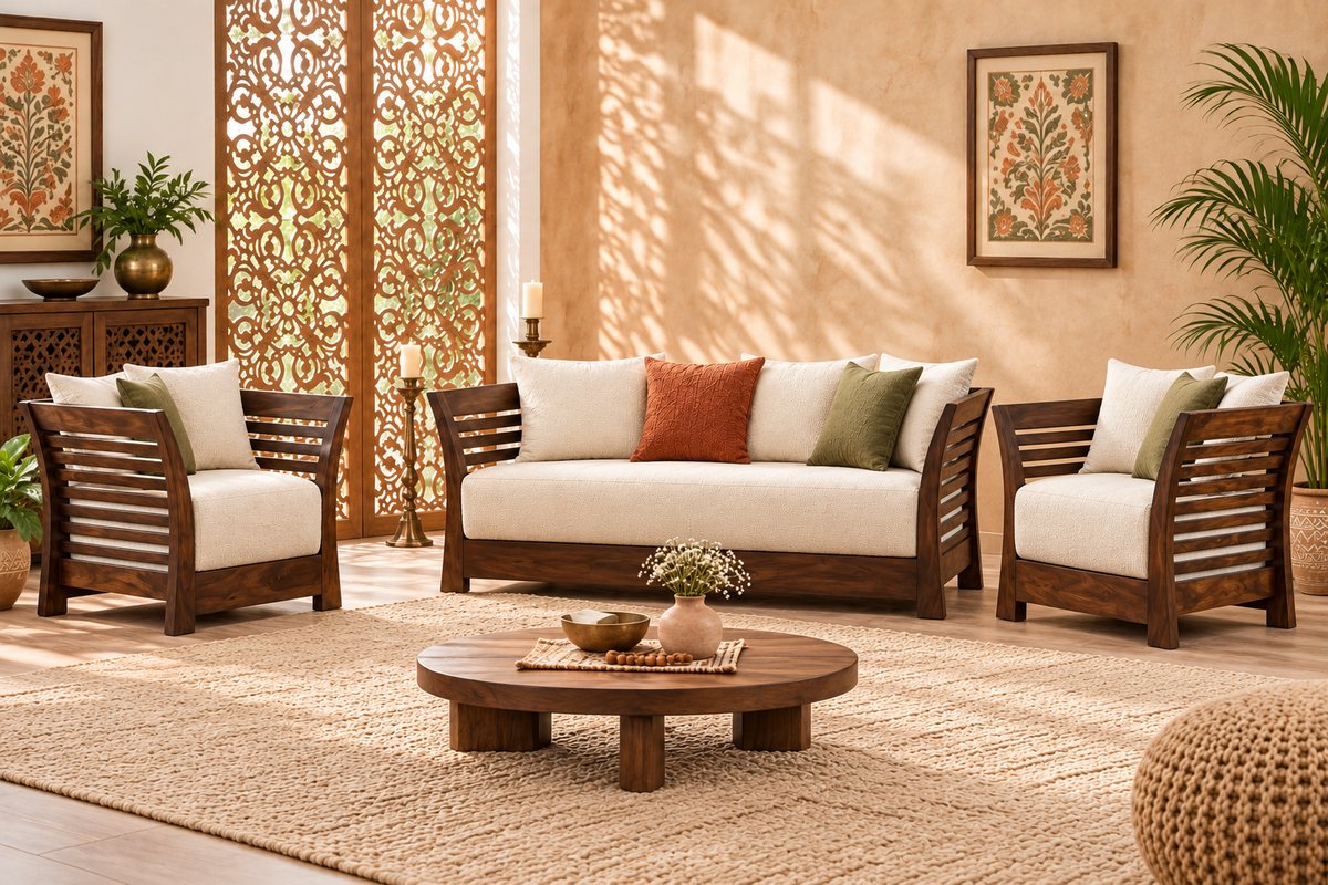 Warm Ivory Curved Slatted-Arm Teak Sofa Set (3+1+1) lifestyle view