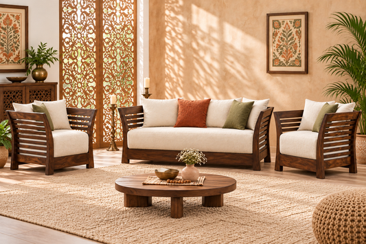 Warm Ivory Curved Slatted-Arm Teak Sofa Set (3+1+1) lifestyle view