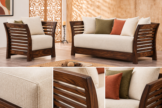 Warm Ivory Curved Slatted-Arm Teak Sofa Set (3+1+1) material close up view