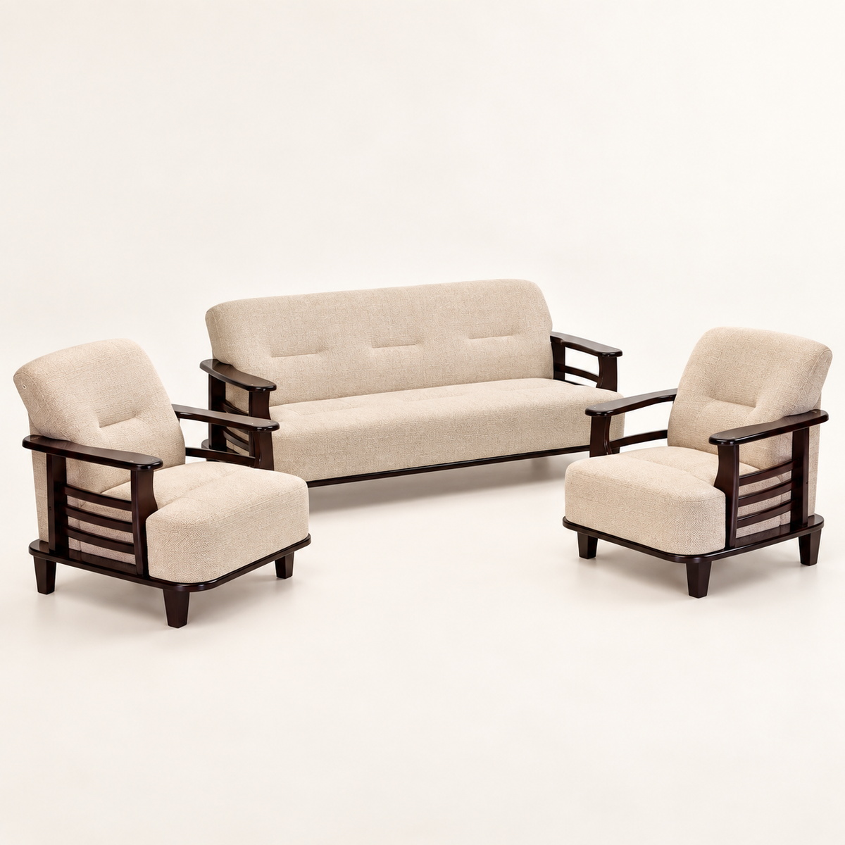 Warm Ivory Curved-Arm Teak Wood Sofa Set (3+1+1) angled view view