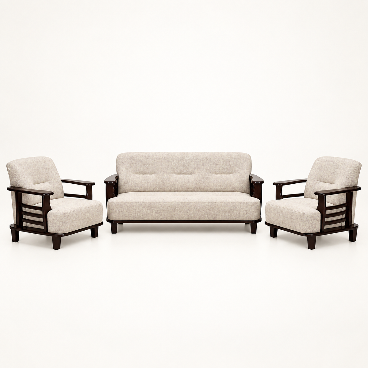 Warm Ivory Curved-Arm Teak Wood Sofa Set (3+1+1) complete set front view