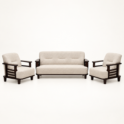 Warm Ivory Curved-Arm Teak Wood Sofa Set (3+1+1) complete set front view