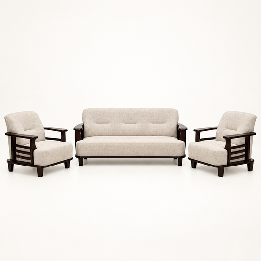 Warm Ivory Curved-Arm Teak Wood Sofa Set (3+1+1) complete set front view