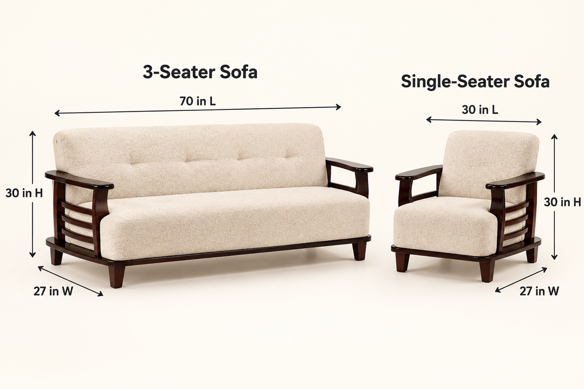 Warm Ivory Curved-Arm Teak Wood Sofa Set (3+1+1) dimensions view