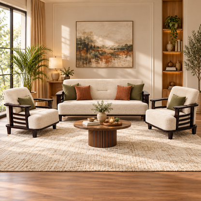 Warm Ivory Curved-Arm Teak Wood Sofa Set (3+1+1) lifestyle view