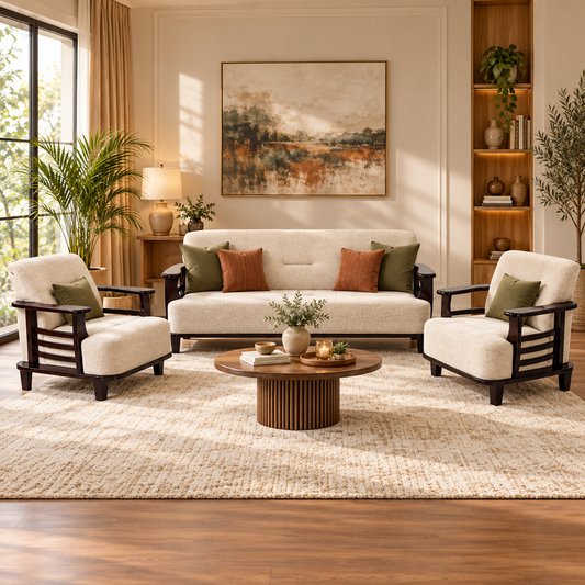Warm Ivory Curved-Arm Teak Wood Sofa Set (3+1+1) lifestyle view